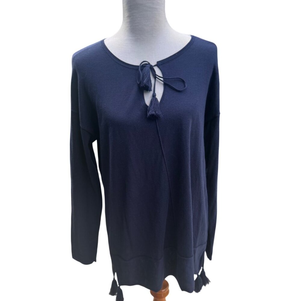 Lilly Pulitzer Womens Size Large Navy Long Sleeve Knit Top With Tassel Tie Neck - Picture 1 of 6